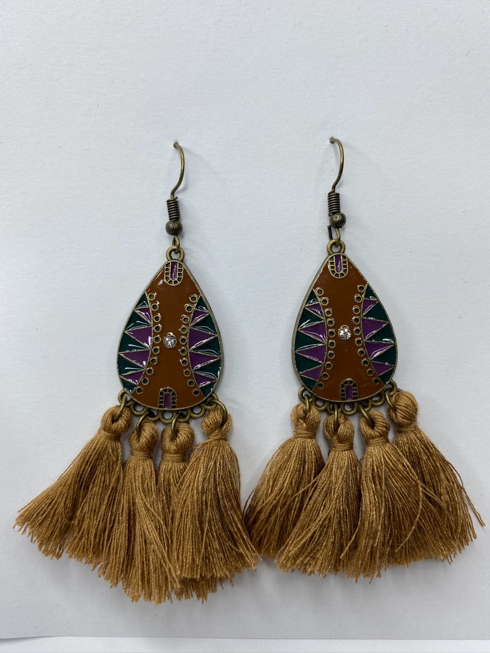 Boho Southwestern Enamel Tassel Statement Earrings Rhinestone Accents